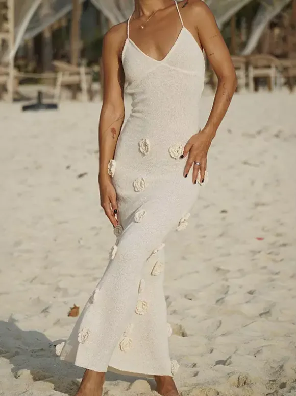 Robe de vacances à fleurs sans manches bretelles col élégante marron café