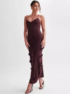 Robe de vacances à fleurs sans manches bretelles col élégante marron café