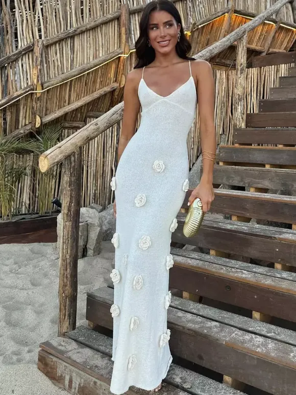 Robe de vacances à fleurs sans manches bretelles col élégante marron café