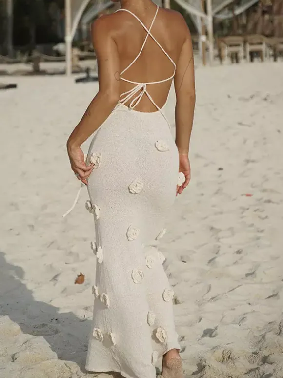 Robe de vacances à fleurs sans manches bretelles col élégante marron café