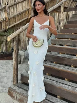 Robe de vacances à fleurs sans manches bretelles col élégante marron café