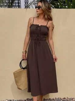 Robe de vacances débardeur à volants col carré taille élastiquée à nouer robe midi décontractée et ample