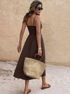 Robe de vacances débardeur à volants col carré taille élastiquée à nouer robe midi décontractée et ample