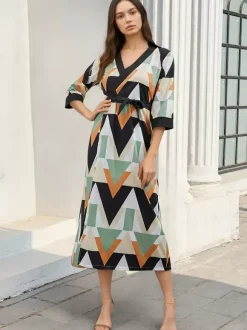Robe de vacances imprimée géométrique robe midi col en V manches 3/4 cache-c艙ur robe longue taille haute