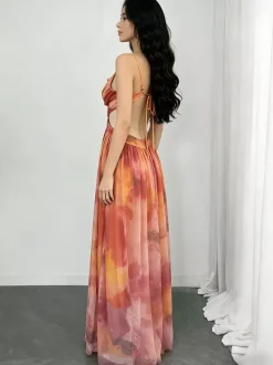 Robe de vacances maxi croisée sans manches à imprimé floral bretelles et col chic orange