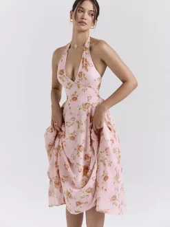 Robe de vacances maxi dos nu à fleurs lacée sans manches imprimé floral dos nu rose poudré