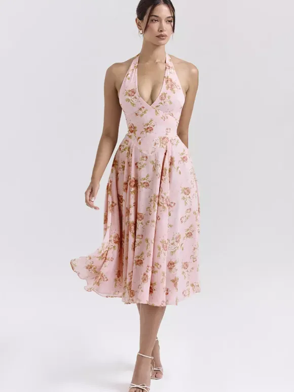Robe de vacances maxi dos nu à fleurs lacée sans manches imprimé floral dos nu rose poudré