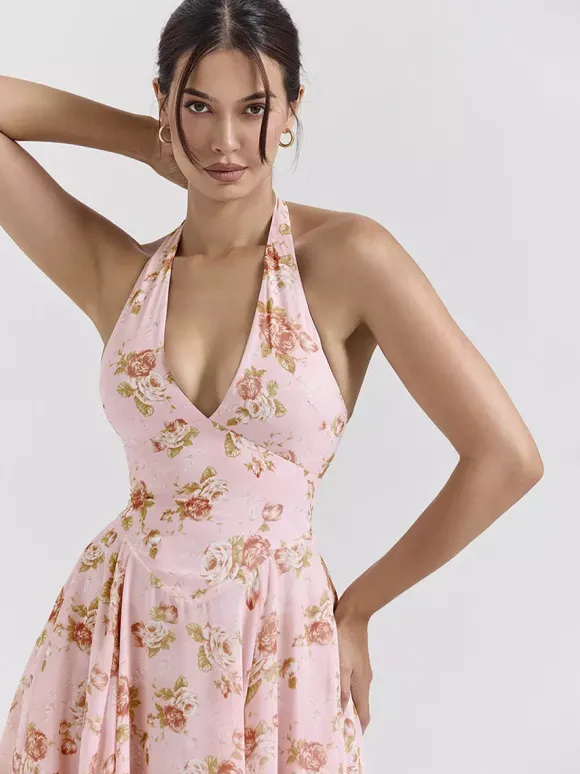 Robe de vacances maxi dos nu à fleurs lacée sans manches imprimé floral dos nu rose poudré