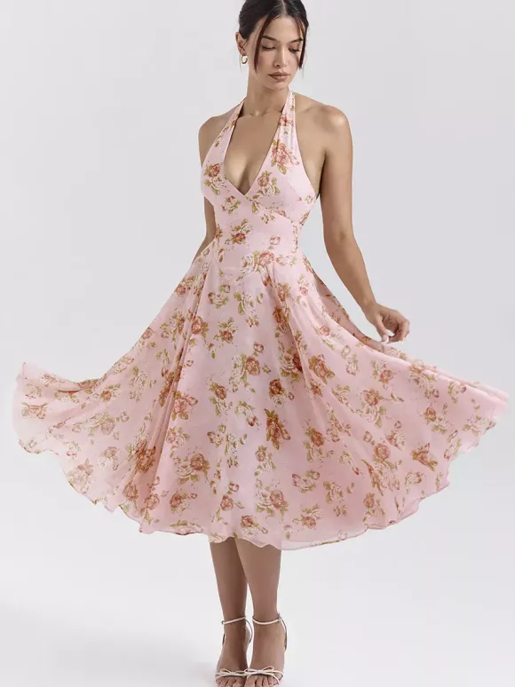 Robe de vacances maxi dos nu à fleurs lacée sans manches imprimé floral dos nu rose poudré
