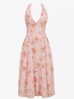 Robe de vacances maxi dos nu à fleurs lacée sans manches imprimé floral dos nu rose poudré