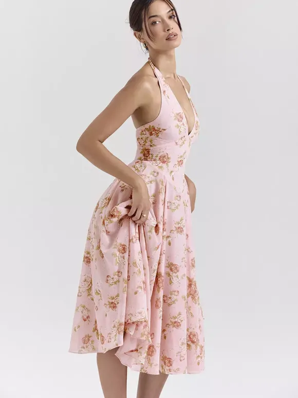 Robe de vacances maxi dos nu à fleurs lacée sans manches imprimé floral dos nu rose poudré