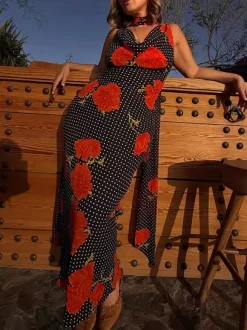 Robe de vacances maxi dos nu sans manches à imprimé floral et col bénitier marron chic