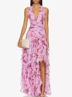 Robe de vacances maxi dos nu lacé plissée sans manches à imprimé floral col V gris clair