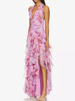 Robe de vacances maxi dos nu lacé plissée sans manches à imprimé floral col V gris clair