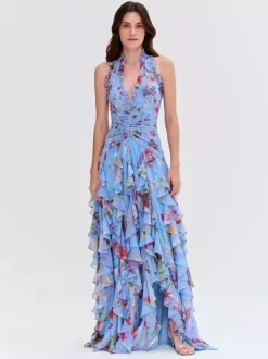 Robe de vacances maxi dos nu lacé plissée sans manches à imprimé floral col V gris clair