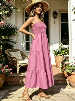 Robe de vacances maxi dos nu plissée sans manches bretelles col chic bleu ciel