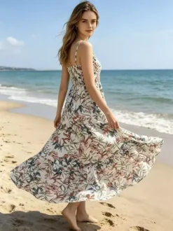 Robe de vacances maxi dos nu plissée sans manches bretelles col chic bleu ciel