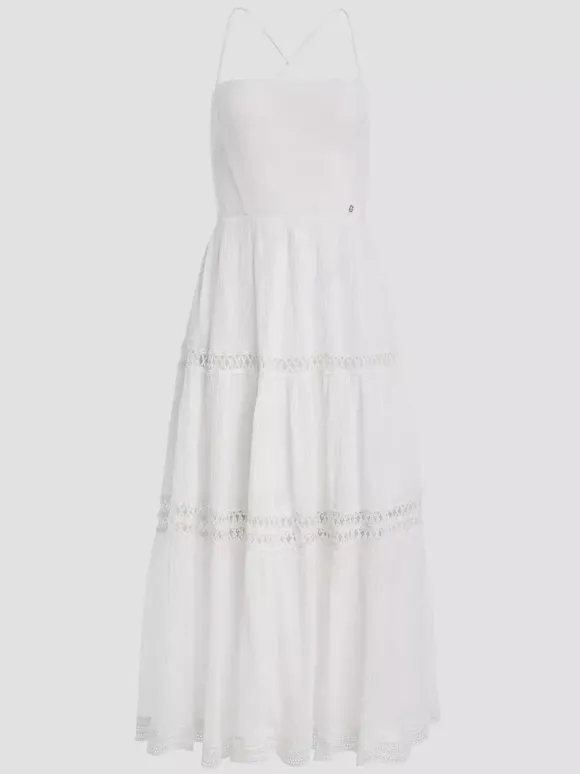 Robe de vacances maxi dos nu en dentelle sans manches col halter blanche décontractée