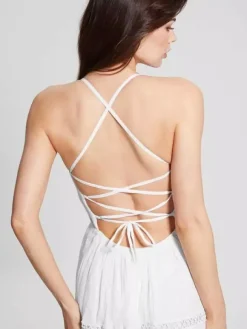 Robe de vacances maxi dos nu en dentelle sans manches col halter blanche décontractée