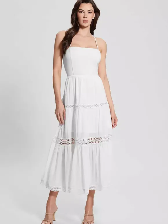 Robe de vacances maxi dos nu en dentelle sans manches col halter blanche décontractée