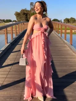 Robe de vacances maxi rose chic à lacets sans manches et épaules dénudées