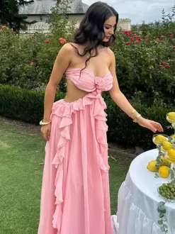 Robe de vacances maxi rose chic à lacets sans manches et épaules dénudées
