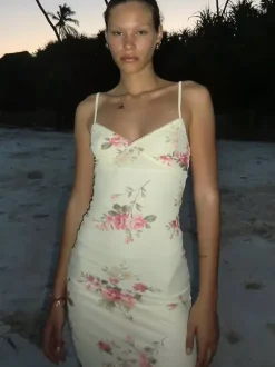 Robe de vacances maxi sans manches à imprimé floral bretelles col chic couleur abricot