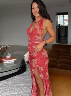 Robe de vacances maxi sans manches à imprimé floral dos nu rouge décontracté