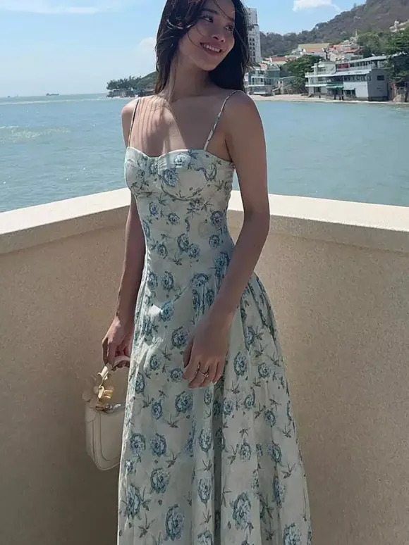 Robe de vacances maxi sans manches à imprimé floral bretelles col chic verte