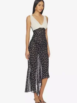 Robe de vacances maxi sans manches à pois col en V robe noire sexy