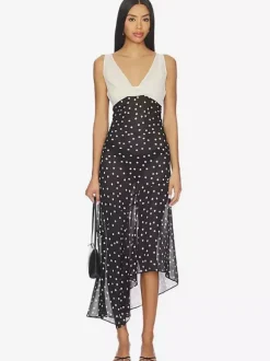 Robe de vacances maxi sans manches à pois col en V robe noire sexy