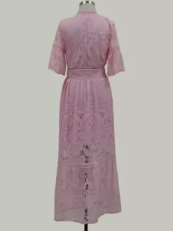 Robe de vacances maxi sculptante en dentelle manches mi-longues col en V manches évasées élégante robe rose