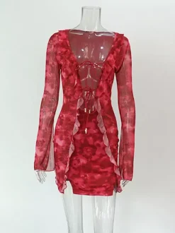 Robe de vacances mini asymétrique à manches longues et décolleté en V géométrique sexy rose