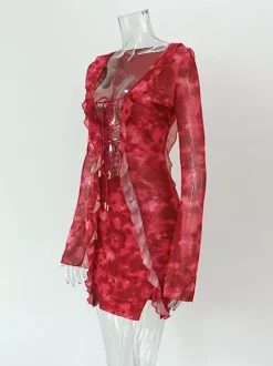 Robe de vacances mini asymétrique à manches longues et décolleté en V géométrique sexy rose