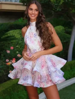 Robe de vacances mini dos nu à fleurs et volants sans manches imprimé floral col halter élégante robe rose