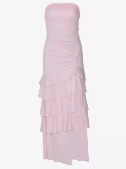 Robe de vacances sans bretelles à volants froncés et fente robe moulante midi pour la plage