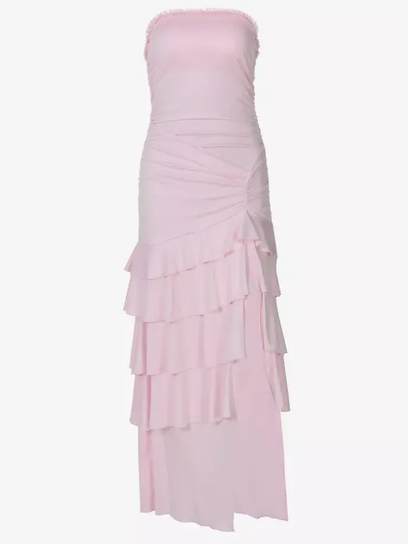 Robe de vacances sans bretelles à volants froncés et fente robe moulante midi pour la plage