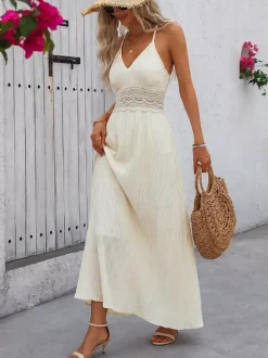 Robe de vacances sexy couleur crème robe longue avec taille en dentelle idéale pour les vacances d'été