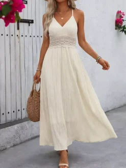 Robe de vacances sexy couleur crème robe longue avec taille en dentelle idéale pour les vacances d'été