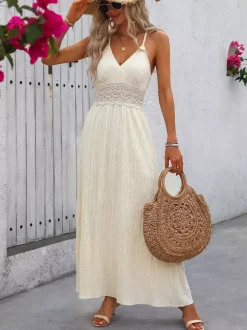 Robe de vacances sexy couleur crème robe longue avec taille en dentelle idéale pour les vacances d'été