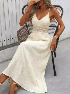 Robe de vacances sexy couleur crème robe longue avec taille en dentelle idéale pour les vacances d'été