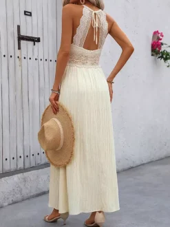 Robe de vacances sexy couleur crème robe longue avec taille en dentelle idéale pour les vacances d'été