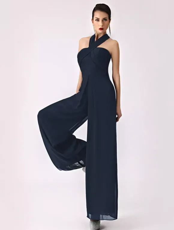 Robe demoiselle d'honneur 2026 combinaison femmes soirée bretelles dos-nu jambe large pantalon en mousseline de soie