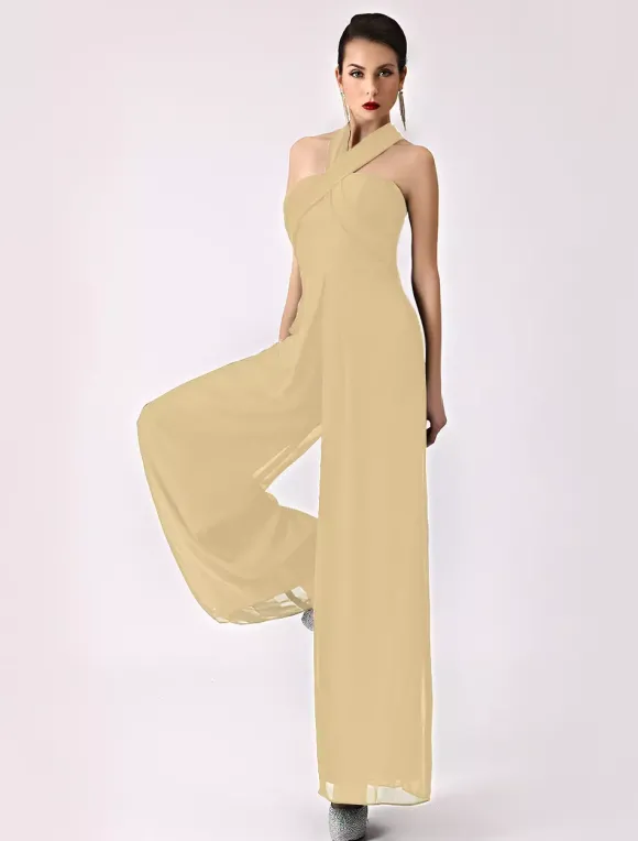 Robe demoiselle d'honneur 2026 combinaison femmes soirée bretelles dos-nu jambe large pantalon en mousseline de soie