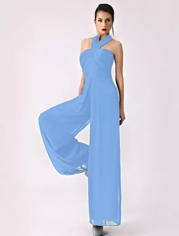 Robe demoiselle d'honneur 2026 combinaison femmes soirée bretelles dos-nu jambe large pantalon en mousseline de soie