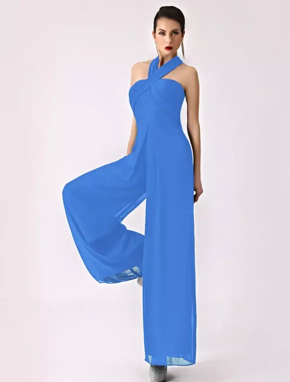 Robe demoiselle d'honneur 2026 combinaison femmes soirée bretelles dos-nu jambe large pantalon en mousseline de soie