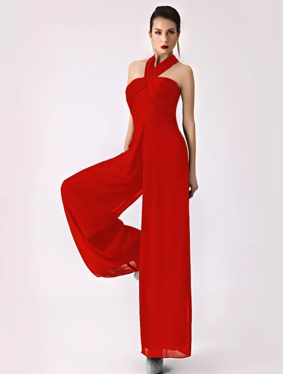 Robe demoiselle d'honneur 2026 combinaison femmes soirée bretelles dos-nu jambe large pantalon en mousseline de soie