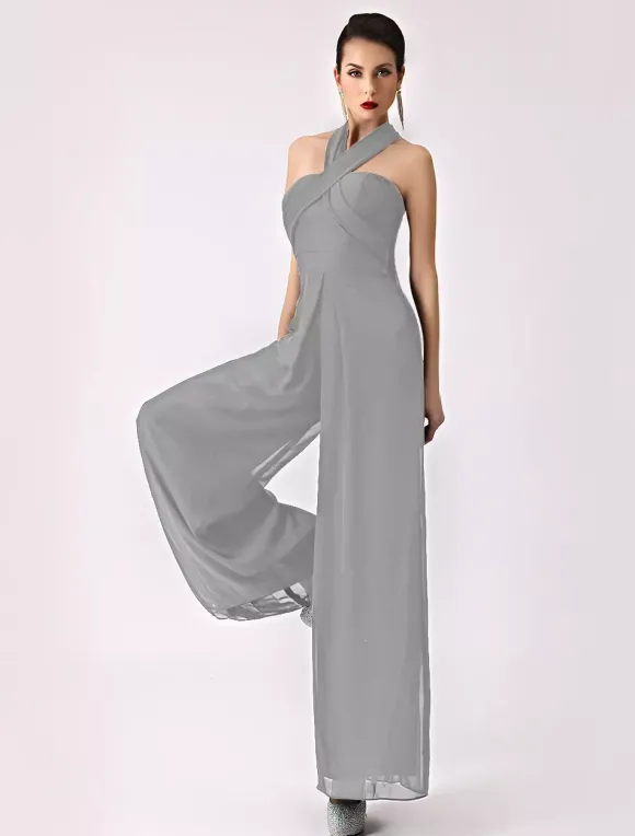 Robe demoiselle d'honneur 2026 combinaison femmes soirée bretelles dos-nu jambe large pantalon en mousseline de soie