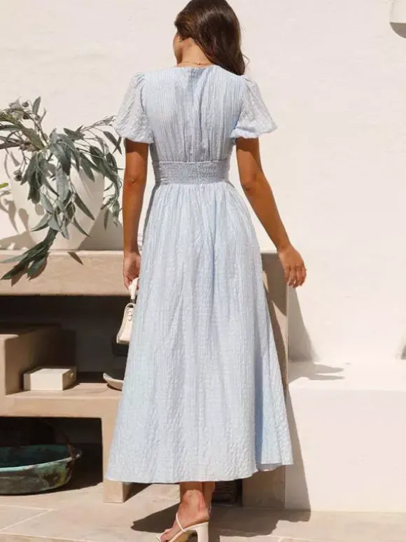 Robe d'été jaune beurre à manches bouffantes et décolleté plongeant robe longue décontractée d'été 2026