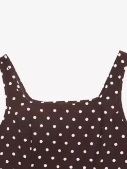 Robe d'été longue à pois marron bretelles spaghetti coupe fluide style évasé.